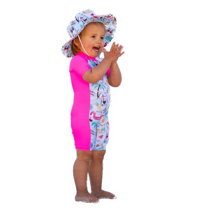 Girls UV Zip-Up Short Sleeve Swimsuit - Summer Cat